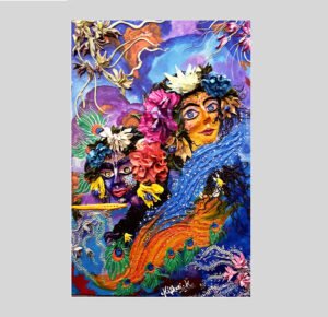Radha Krishna in Eternal Bower – Award-Winning Oil Painting on wood (18”x22”)